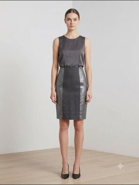 NWT Go International Sleek Grey Metallic Panel Pencil Linen Skirt - Size 1